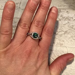 Square Lab Created Midnight Fire Opal & Faux Diamond Ring Silver Tone Band